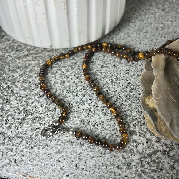 Tiger's Eye Solitaire Pendant with Beaded Necklace 20 Inches in Stainless Steel - Picture 6 of 8
